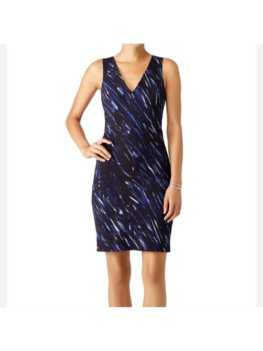 MILLY Blue Brushstroke Print V-Neck Sheath Work Career Office Midi Dress size 2